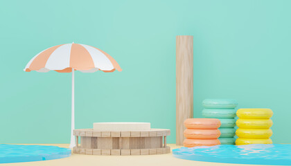 3d render minimal podium background for show and sales products. Hello Summer season scene design concept. Abstract Vacant pedestal for presentation and advertising. Beach Vacations in Summer.