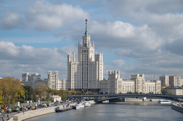 Fototapeta na wymiar Moscow, Russia - September 29, 2021: Autumn view of the high-rise building on Kotelnicheskaya embankment and Big Ustinsky Bridge
