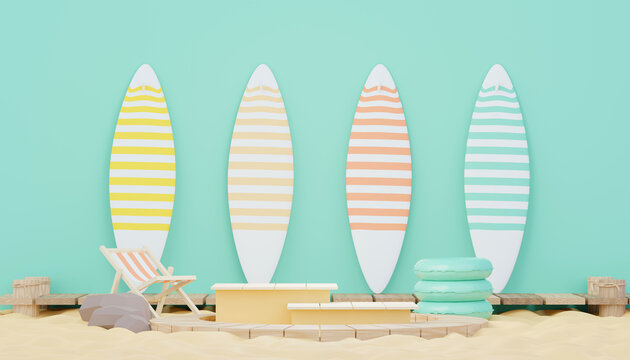 3d render minimal podium background for show and sales products. Hello Summer season scene design concept. Abstract Vacant pedestal for presentation and advertising. Beach Vacations in Summer.