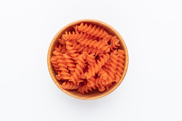 Lentil pasta in a wood bowl.