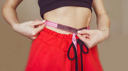 Slim unrecognizable woman with tape measure on the waist .Weight Loss And Healthy Lifestyle Concept