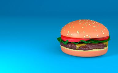 3d illustration, hamburger, blue background, copy space, 3d rendering