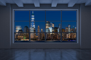 Downtown New York City Lower Manhattan Skyline Buildings. High Floor Window. Beautiful Expensive Real Estate. Empty room Interior Skyscrapers View Cityscape. Financial district. Night. 3d rendering. - obrazy, fototapety, plakaty