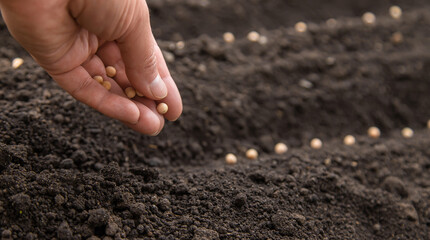 Sow the seeds in the garden into the soil. Selective focus.