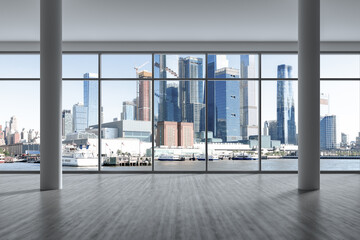 Fototapeta na wymiar Midtown New York City Manhattan Skyline Buildings from High Rise Window. Beautiful Expensive Real Estate. Empty room Interior Skyscrapers View Cityscape. Day time. Hudson Yards West Side. 3d rendering
