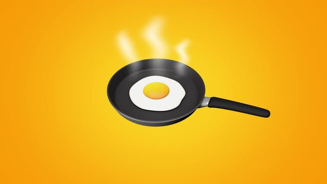 Pack of Close up fried eggs on the frying pan with smoke, 3D rendering looping animation, yellow background.