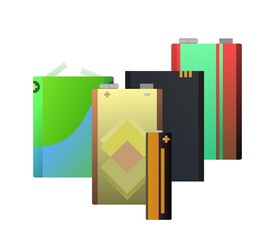 Various Battery Energy source. Electricity accumulator. Galvanic cell. electrolytic dissociation. Isolated on white background. Salt and helium lithium objects. Vector