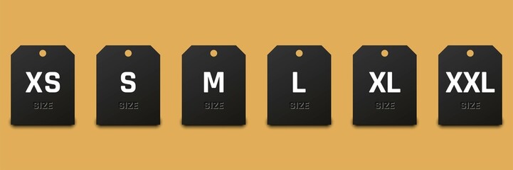 Size label tag in black. Small, large and extra large sizes. Clothing size labels on white background. Small, medium and large shopping tag. Vector illustration.