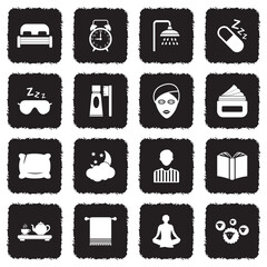 Sleeping Routine Icons. Grunge Black Flat Design. Vector Illustration.