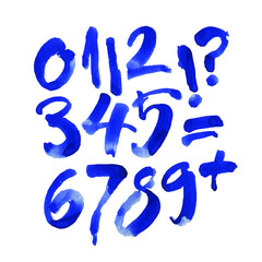 Fototapeta premium set of calligraphic blue watercolor or ink numbers. ABC for your design, brush lettering on a white background