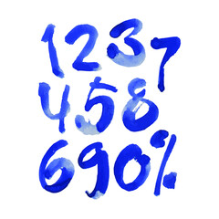 set of calligraphic blue watercolor or ink numbers. ABC for your design, brush lettering on a white background