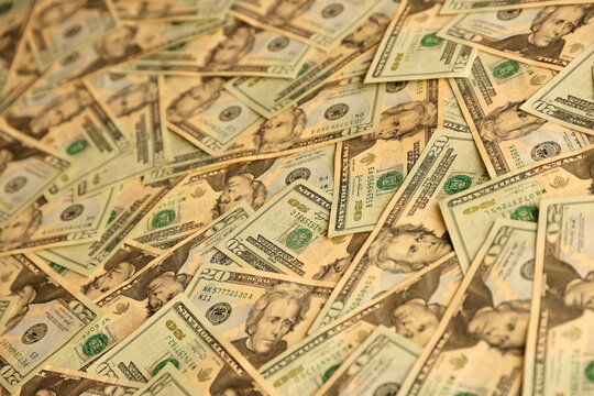 Big Amount Of Old 20 Dollar Bills Details On Macro Photography. Money Earnings, Payday Or Tax Paying Period