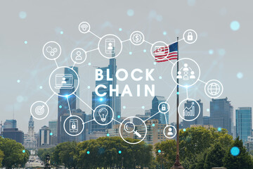 Obraz premium Summer day time cityscape of Philadelphia financial downtown, Pennsylvania, USA. City Hall neighborhood. Decentralized economy. Blockchain, cryptocurrency and cryptography concept, hologram