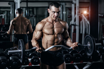 Fototapeta na wymiar Handsome power athletic bodybuilder training pumping up muscles in gym