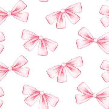 A pink ribbon bow. Seamless pattern. Watercolor illustration. Isolated on a white background.