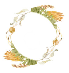 Watercolor hand painted floral illustration - wreath with tropical green leaves and vivid flowers. Perfect for wedding stationary, greetings.