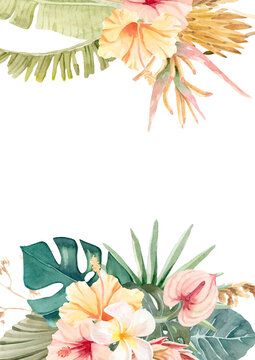 Frame/border with tropical flowers and leaves. Perfect for wedding invitations, cards, save the date. Hand painted watercolor clipart.