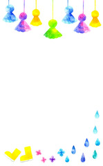 てるてる坊主とレインブーツの背景　梅雨・初夏の手描き水彩イラスト素材