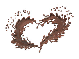 Heart shaped splash of hot chocolate on white background, 3d rendering.