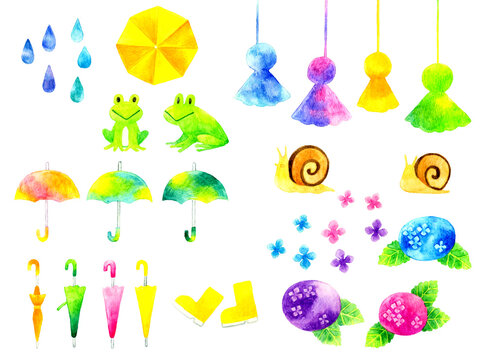梅雨のかわいいカラフルなイラストセット　手描き水彩イラスト素材集