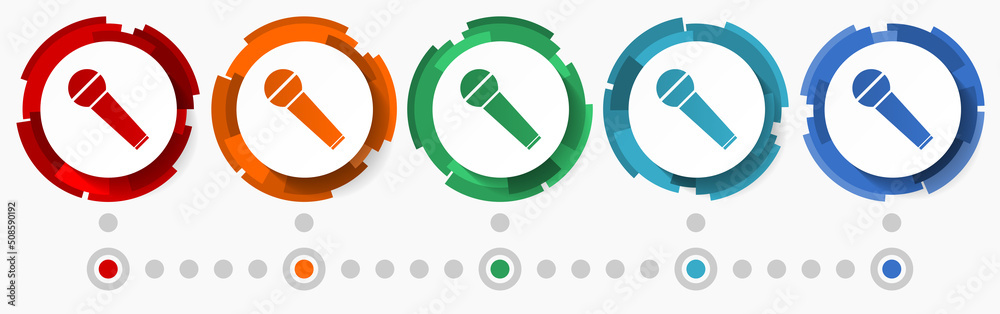 Poster Microphone, concert concept vector icon set, modern design abstract web buttons in 5 color options, infographic template for webdesign and mobile apps