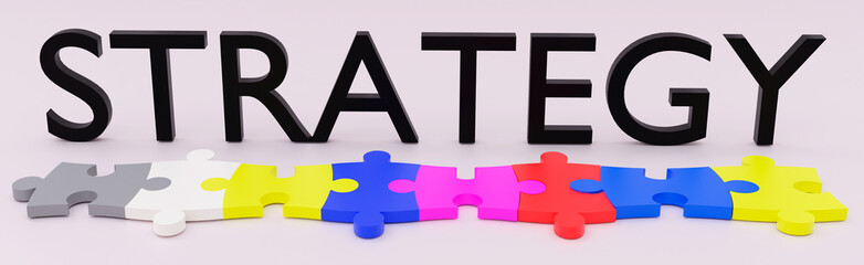 3d illustration, puzzle , word strategy, on light background , 3d rendering