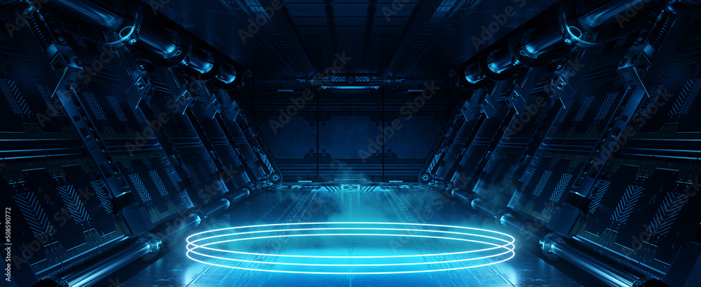 Aufkleber blue spaceship interior with glowing neon lights podium on the floor. futuristic corridor in space s