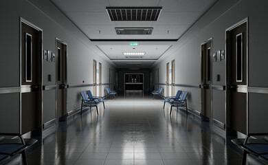 Long dark hospital corridor with rooms and seats 3D rendering. Empty accident and emergency interior with bright lights lighting the hall from the ceiling