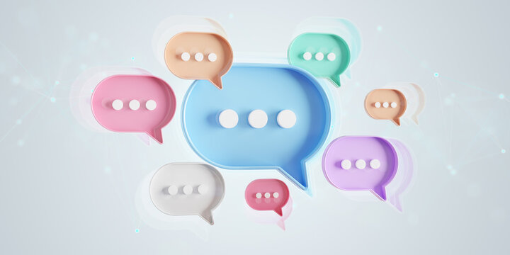 Minimalist blue red orange green purple speech bubbles talk icons floating over grey background. Modern conversation or social media messages with shadow. 3D rendering