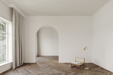 White classic room with an archway for the entrance. Chair and lamp in the foreground. Wooden parquet on the floor. Mockup for art or product presentation	