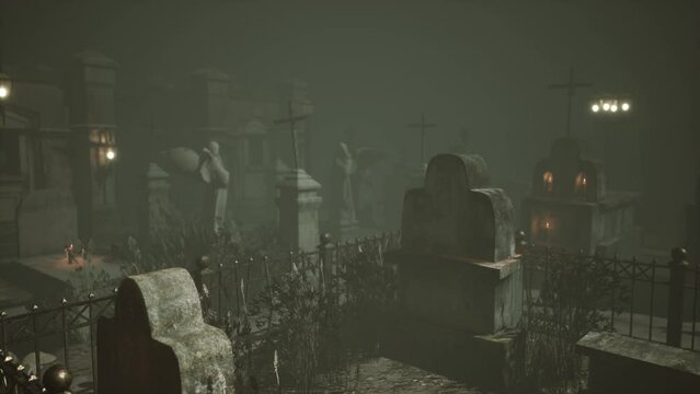 Very old misty and creepy graveyard in fog at night