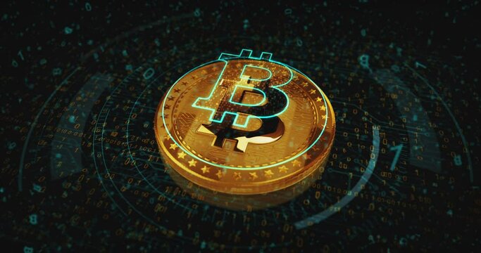 Bitcoin BTC cryptocurrency golden coin turning. camera rotates around the 3D metal glow coins. Fintech, online payment and digital transaction abstract concept.