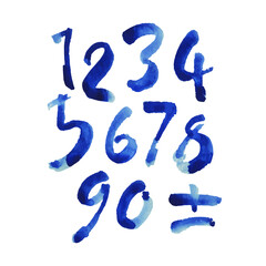 Obraz premium set of calligraphic blue watercolor or ink numbers. ABC for your design, brush lettering on a white background
