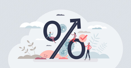 Increasing profit and business earnings percentage growth tiny person concept. Company financial development and money rate gain vector illustration. Increase economy and wealth with effective trading