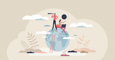 Global opportunity searching for international business tiny person concept. Businessman standing on globe and looking in future goals with high ambitions and reaching target top vector illustration. - obrazy, fototapety, plakaty