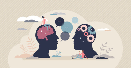 Natural language processing or NLP as AI development tiny person concept. Artificial intelligence technology for human communication learning and interaction vector illustration. Analyze speech input.