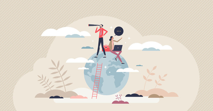 Global Opportunity Searching For International Business Tiny Person Concept. Businessman Standing On Globe And Looking In Future Goals With High Ambitions And Reaching Target Top Vector Illustration.