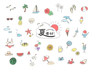 夏のイラストセット-手描きの線画