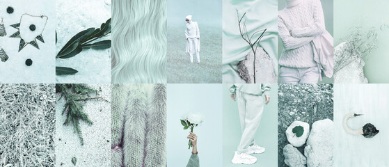 Set of trendy aesthetic photo collages. Minimalistic images of one top color. Fashion white...