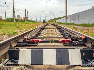 Railroad switch of railroads. Junction switching. Close-up