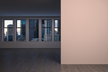 Downtown Seattle City Skyline Buildings from High Rise Window. Beautiful Expensive Real Estate overlooking. Empty room Interior. Mockup wall. Skyscrapers Cityscape. Sunset. USA. 3d rendering