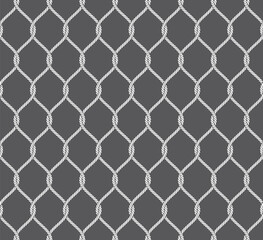 Vector seamless texture of intertwined nautical ropes forming a net. Grey background.