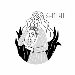 Girl in the image of the zodiac sign Gemini. Beauty astrology. Individual horoscope with beautiful women. Analysis of the characteristics of the date of birth. Flat style in vector illustration.
