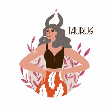 Girl in the image of the zodiac sign Taurus. Beauty astrology. Individual horoscope with beautiful women. Analysis of the characteristics of the date of birth. Flat style in vector illustration.