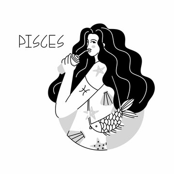 Girl in the image of the zodiac sign Pisces. Beauty astrology. Individual horoscope with beautiful women. Analysis of the characteristics of the date of birth. Flat style in vector illustration.