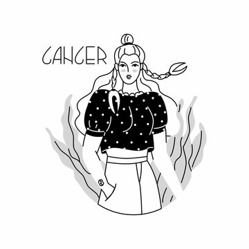 Girl in the image of the zodiac sign Cancer. Beauty astrology. Individual horoscope with beautiful women. Analysis of the characteristics of the date of birth. Flat style in vector illustration.