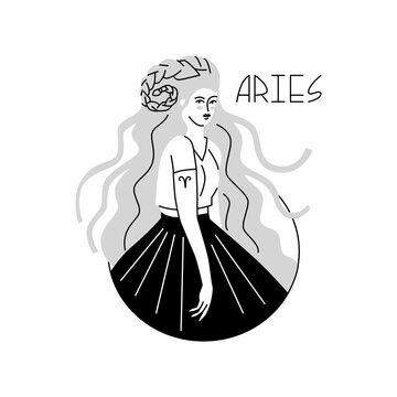 Girl in the image of the zodiac sign Aries. Beauty astrology. Individual horoscope with beautiful women. Analysis of the characteristics of the date of birth. Flat style in vector illustration.