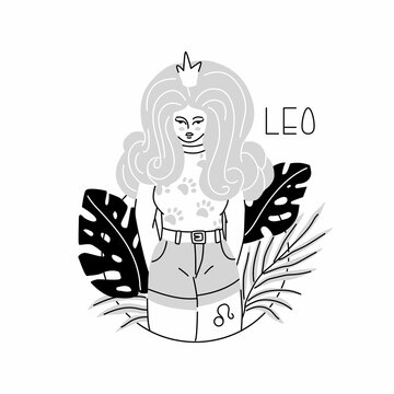 Girl in the image of the zodiac sign Leo. Beauty astrology. Individual horoscope with beautiful women. Analysis of the characteristics of the date of birth. Flat style in vector illustration.