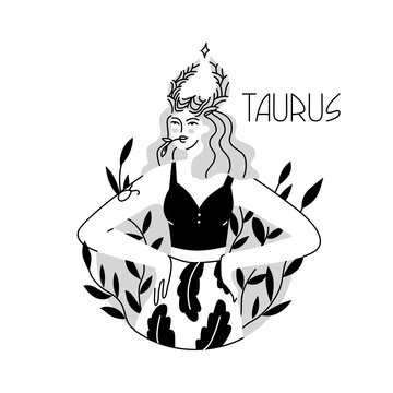 Girl in the image of the zodiac sign Taurus. Beauty astrology. Individual horoscope with beautiful women. Analysis of the characteristics of the date of birth. Flat style in vector illustration.