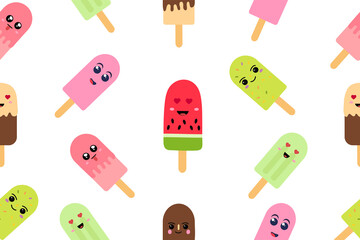 Seamless pattern ice cream on a stick in kawaii style. Vector illustration isolated on white background